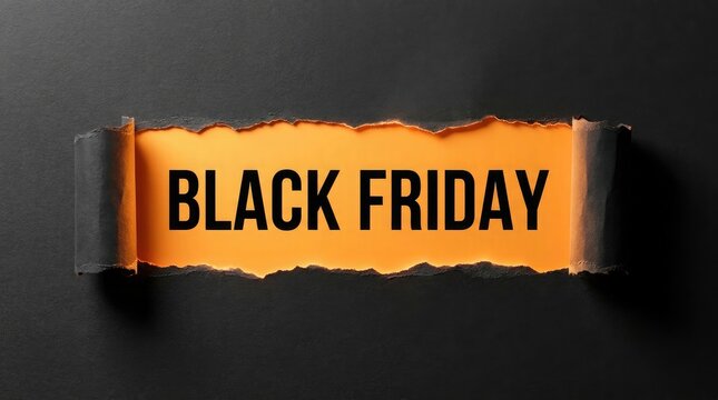 Black friday text written on a torn orange paper background with a dark black border for seasonal sales
