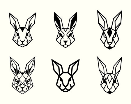 Geometric rabbit head vector illustration set with minimal black outlines