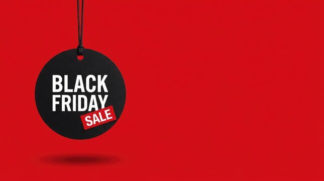 A black circular hanging price tag advertising a black friday sale event on a vibrant red background