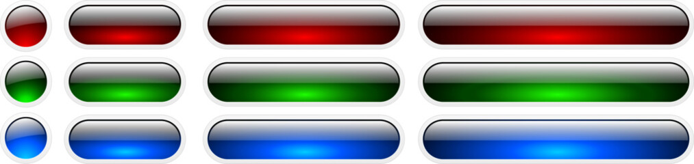 Fototapeta premium Blank glass buttons, isolated shiny colored web menu icons for website interface and games.