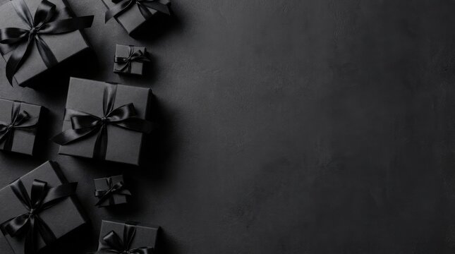 Top view of elegant matte black gift boxes arranged on a dark background for black friday sale event