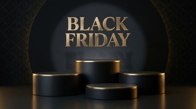 Luxury black product display podium with elegant gold accents for a premium black friday marketing sale event