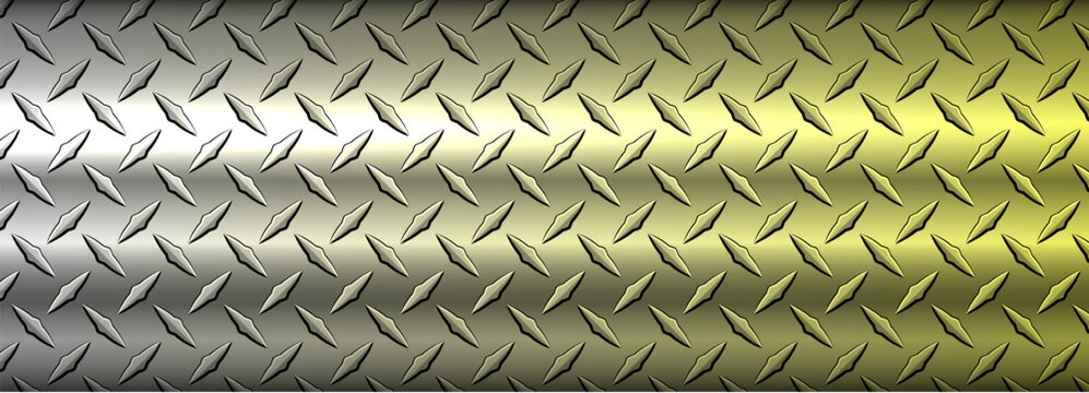 Silver gold metal banner with diamond plate pattern, shiny metallic texture industrial background.
