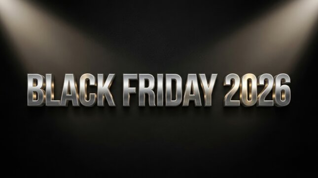 Metallic silver black friday 2026 text design illuminated by bright spotlights on a dark background