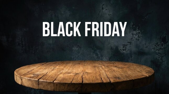 Empty wooden table surface with a dark background featuring the text black friday for promotional shopping advertisements