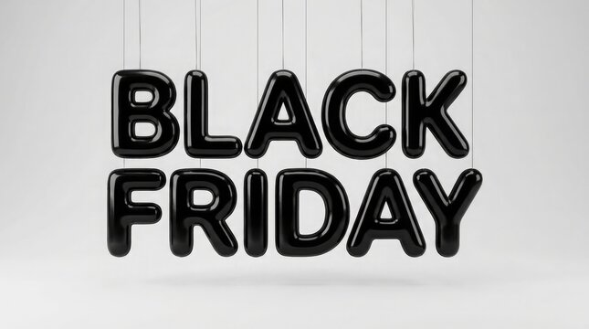 Black friday text made of shiny black balloons hanging against a clean light grey studio background