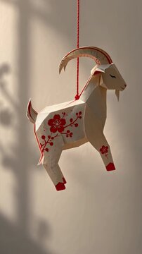 Origami rabbit ornament hangs on red string against sunlit wall background, showing folded white paper with red floral patterns, soft shadows and minimal indoor decorative composition
