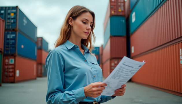 Businesswoman reviewing documents at shipping container yard. Professional woman stands focused in port area with shipping containers in background, checking important paperwork for logistics.