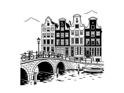 Amsterdam Canal Houses and Bridge Black and White Line Art