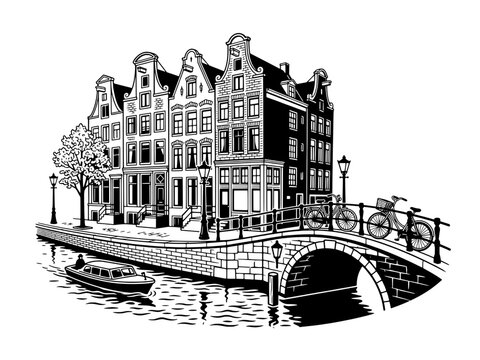Amsterdam Canal Houses with Bridge and Bicycle Black and White Illustration