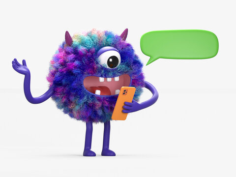 Fluffy, cute monster with phone and speech bubble, symbolizes customer service. 3D rendering, conceptual image. Isolated on white background.