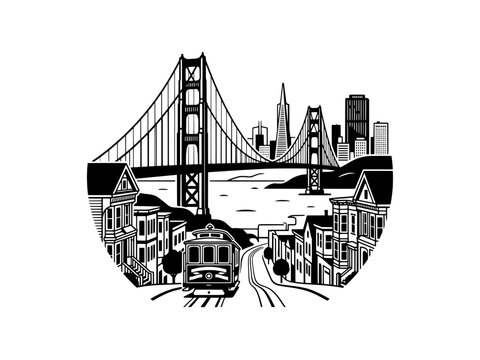 San Francisco Golden Gate Bridge and Cable Car City Skyline Illustration