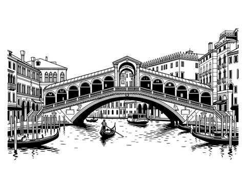 Rialto Bridge in Venice Italy Black and White Line Art Drawing