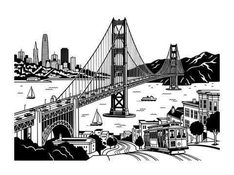 San Francisco Golden Gate Bridge and Cable Car Skyline Illustration