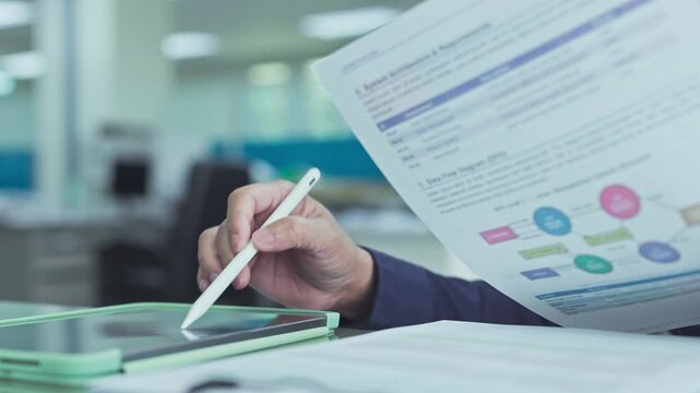 Professional corporate employee reviews digital documents holding pen device over screen tablet inside bright office workplace.