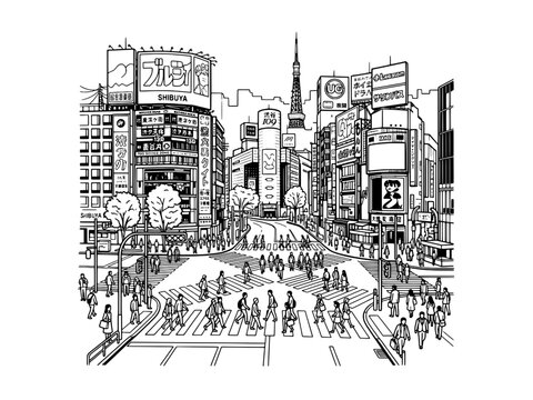 Shibuya Crossing Tokyo Street Line Art Illustration