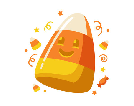 Cute halloween object illustration of smiling candy corn character with sweet treats and festive confetti
