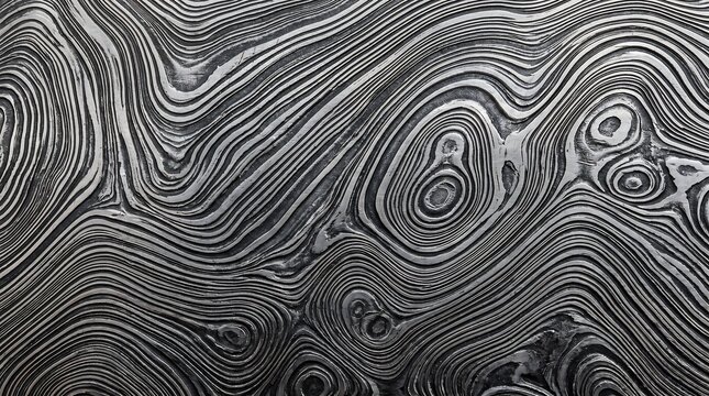 Damascus steel plate texture with flowing curved metallic grain lines, forged alloy surface patterns and swirls in dark silver and gray monochrome tones