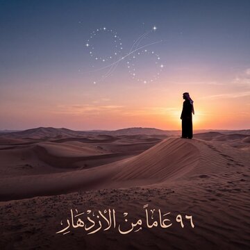 Man in traditional attire looking at ninety six stars in desert