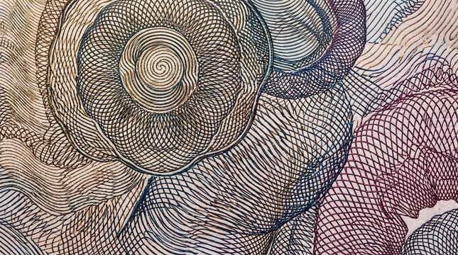 Intricate spiral guilloche pattern engraved on currency paper with metallic bronze, blue, and purple security ink lines overlapping to form complex optical