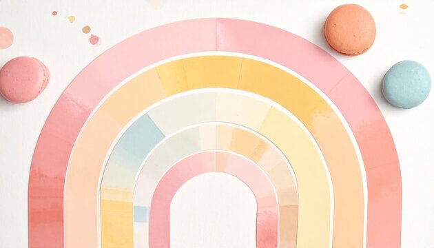 Watercolor Rainbow Illustration with Macarons on White Background.