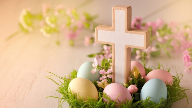 A white wooden cross stands surrounded by colorful Easter eggs, spring flowers, and green grass. Photo with space for text.