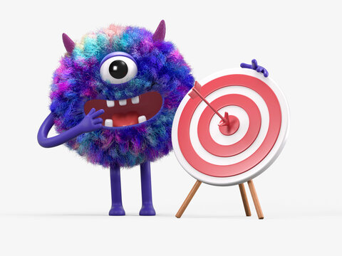 Fluffy, cute monster with a target, symbolizing goals or achievements. 3D rendering, conceptual image. Isolated on white background.