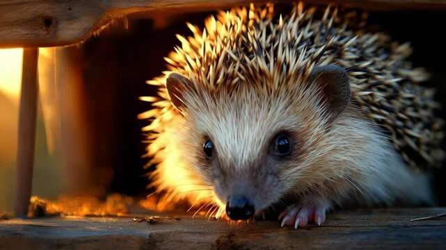A cute hedgehog peeking out from under a wooden shelter, bathed in warm golden light.