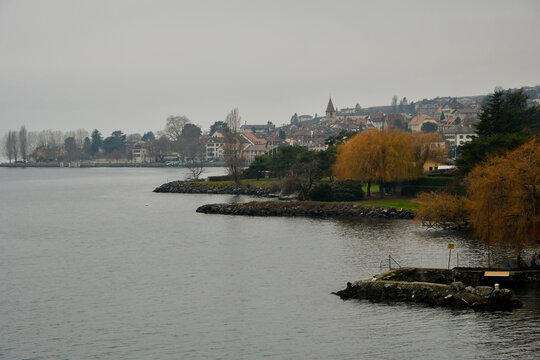 Scenery near Epesses railway station in Lavaux, Switzerland, on a cloudy day, January 1, 2020