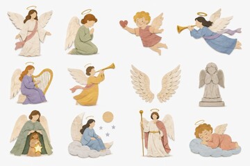 Fototapeta premium Vintage watercolor angel Christmas clipart collection