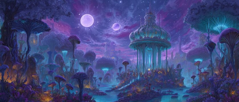 Fantasy alien forest with glowing palace and moons