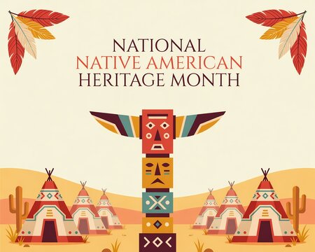 National native american heritage month poster with colorful totem pole and traditional teepees