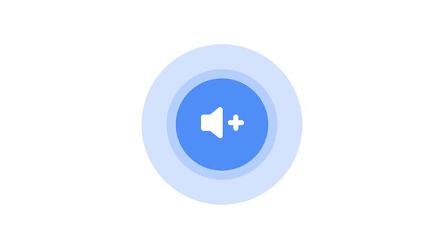 blue circular animated volume increase button icon with speaker and plus symbol on white background