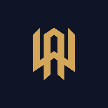 Elegant gold initial letter WA or AW monogram design on navy blue background for branding