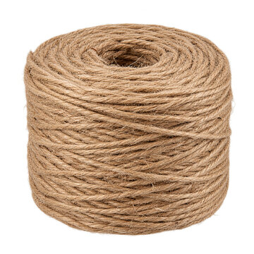 Large coil of natural jute twine neatly wound, perfect for craft projects and rustic design, isolated on transparent background