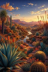 Naklejka premium Sunset desert oasis illustration with cacti, agave, and canyon