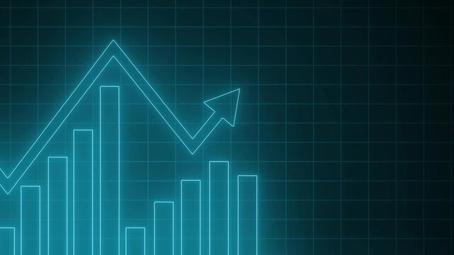 Glowing neon-style bar chart with overlaid line graph and upward arrow animation