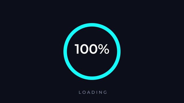 Circular loading spinner animation with cyan progress ring filling clockwise and percentage counter from 0 to 100 percent on dark navy background, modern vector design, full HD