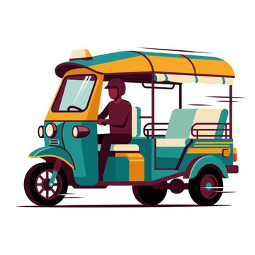Colorful illustration of an Asian auto rickshaw with a driver on a white background, representing travel and city transport