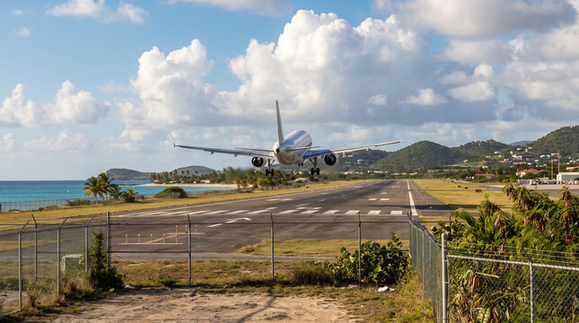 Jet Aircraft Taking Off Against a Tropical Mountain Landscape