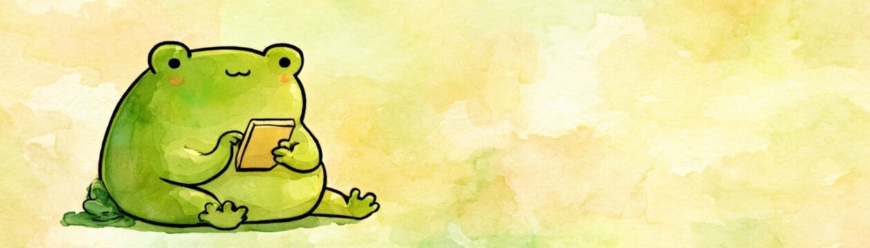 A cute green frog sitting and using a smartphone against a soft yellow watercolor background, hand drawn kid friendly tech animal