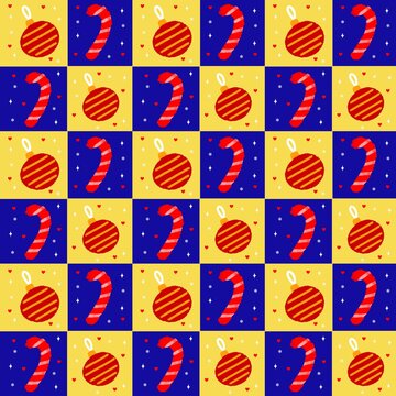 Christmas checkerboard seamless pattern with red ornaments and candy canes on blue and yellow grid, festive holiday vector design for wrapping paper or fabric