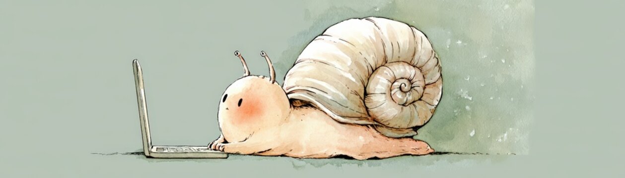A cartoon snail with a shell is using a laptop, depicting a humorous take on slow internet or slow work pace, hand drawn kid friendly tech animal