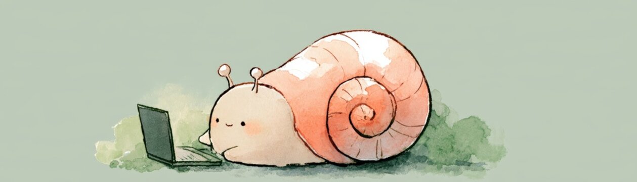 A cute snail with a spiral shell is using a laptop while resting on grass, blending nature with technology in a whimsical way, hand drawn kid friendly tech animal