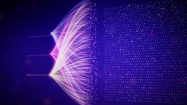 Abstract 3d animation of flowing digital data streams and binary numbers in a purple glowing space
