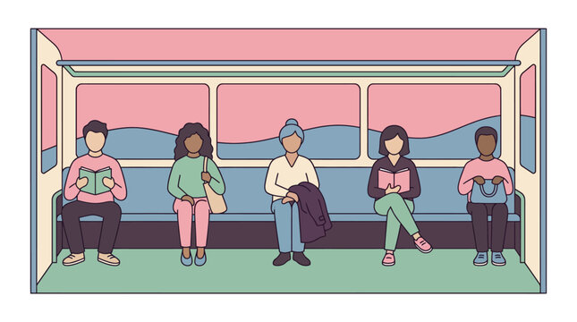 Diverse commuters enjoying a quiet journey reading books inside a stylized train carriage with pastel-colored windows