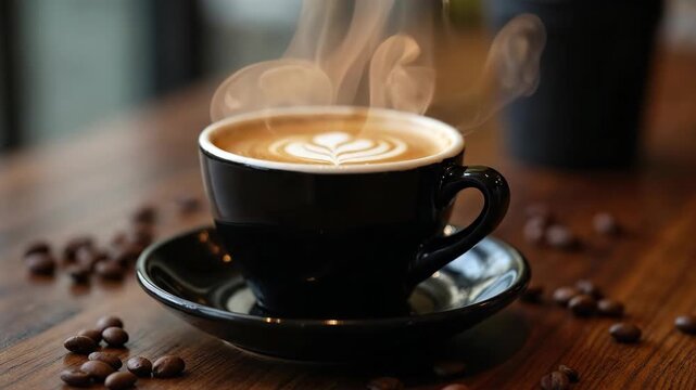 Steaming hot latte with beautiful art on a rustic wooden table with scattered coffee beans.