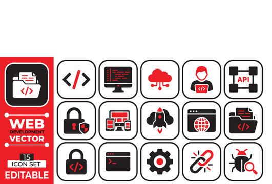 Set of fifteen web development and programming flat vector icons