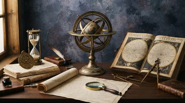 Astronomical research still life featuring a brass armillary sphere, celestial map book, hourglass, and rolled charts on a dark wood desk against blue plaster.