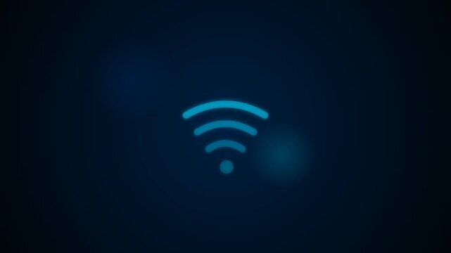 Glowing blue wifi signal icon animation with digital glitch effect on dark background.